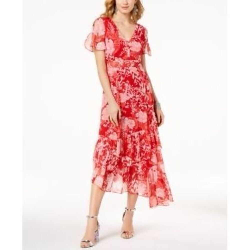 INC Red & Pink Asymmetrical Hem Romantic Ruffled Midi Dress Sz 12